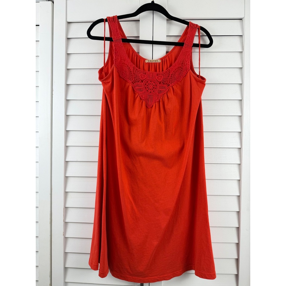 Velvet Mini Dress‎ Women M Orange Crochet Lace Neck Sleeveless Cotton